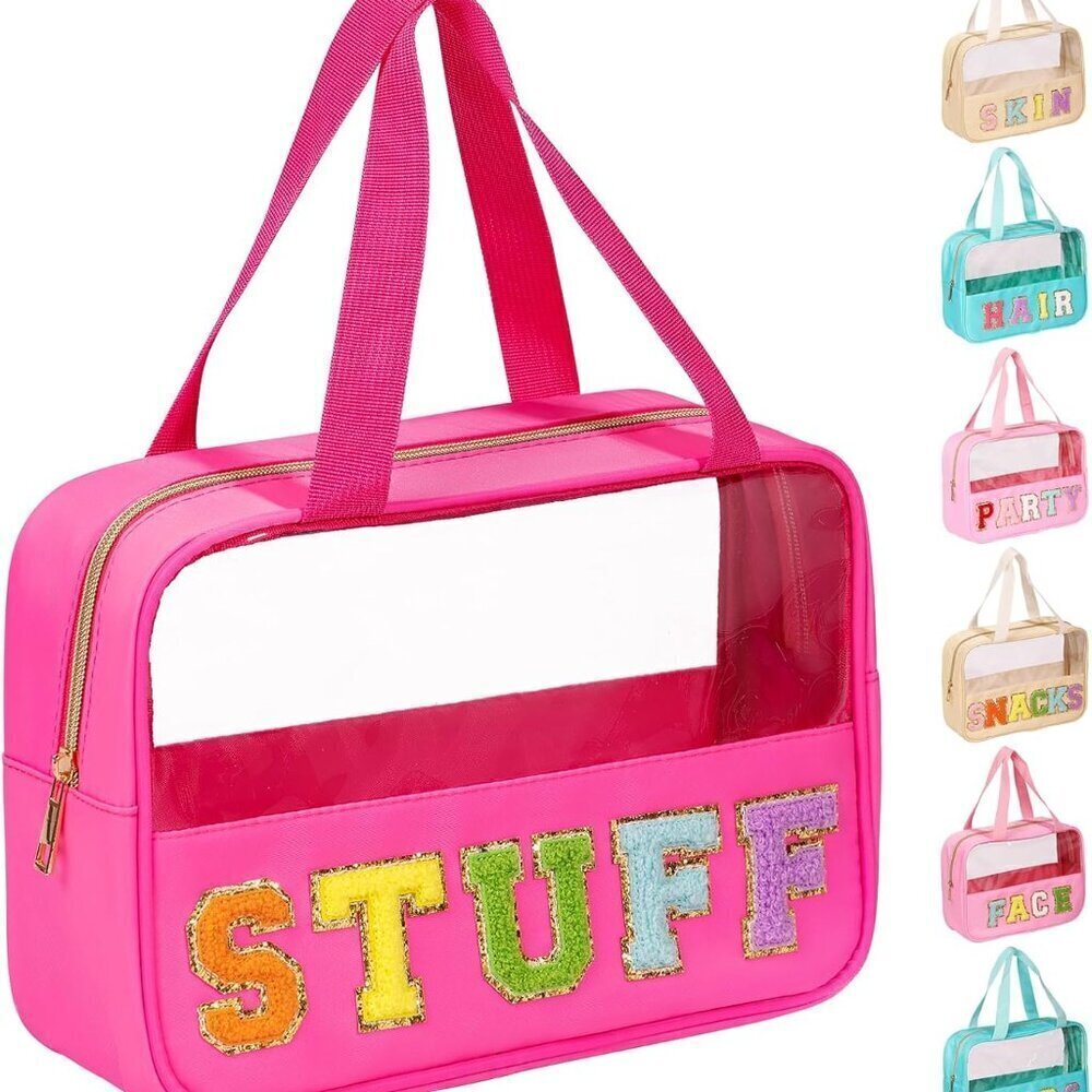Chenille Letter Patch Clear Makeup Bag, Preppy Nylon Makeup Bag with Handle and